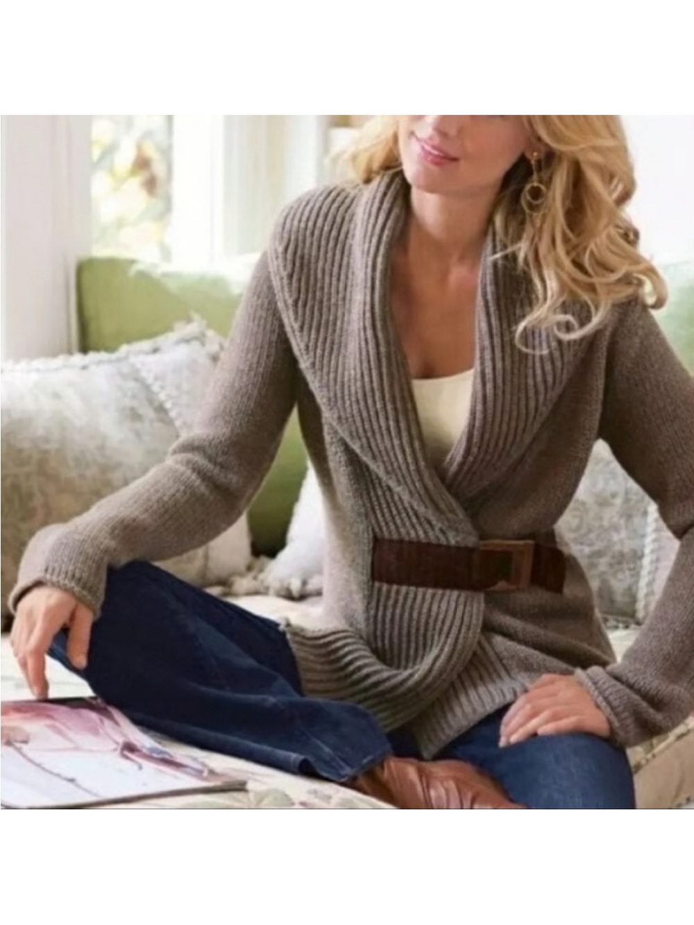 Soft Surroundings Wool Taupe Shawl-Collar Belted Cardigan Sweater sz M